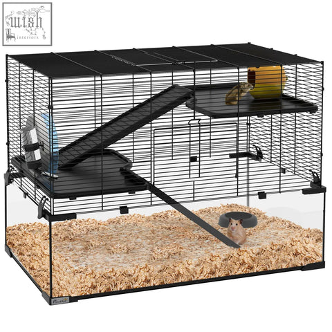 Black metal wire hamster cage with three tiers, platforms, ramps, running wheel, and water bottle for small pets