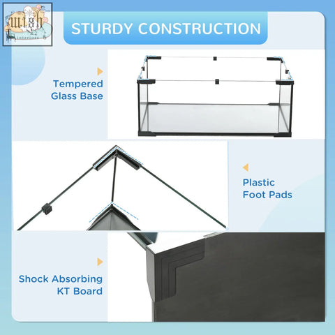 Rectangular pawhut hamster cage with black plastic feet, shock-absorbing kt board base, glass bottom, and water bottle