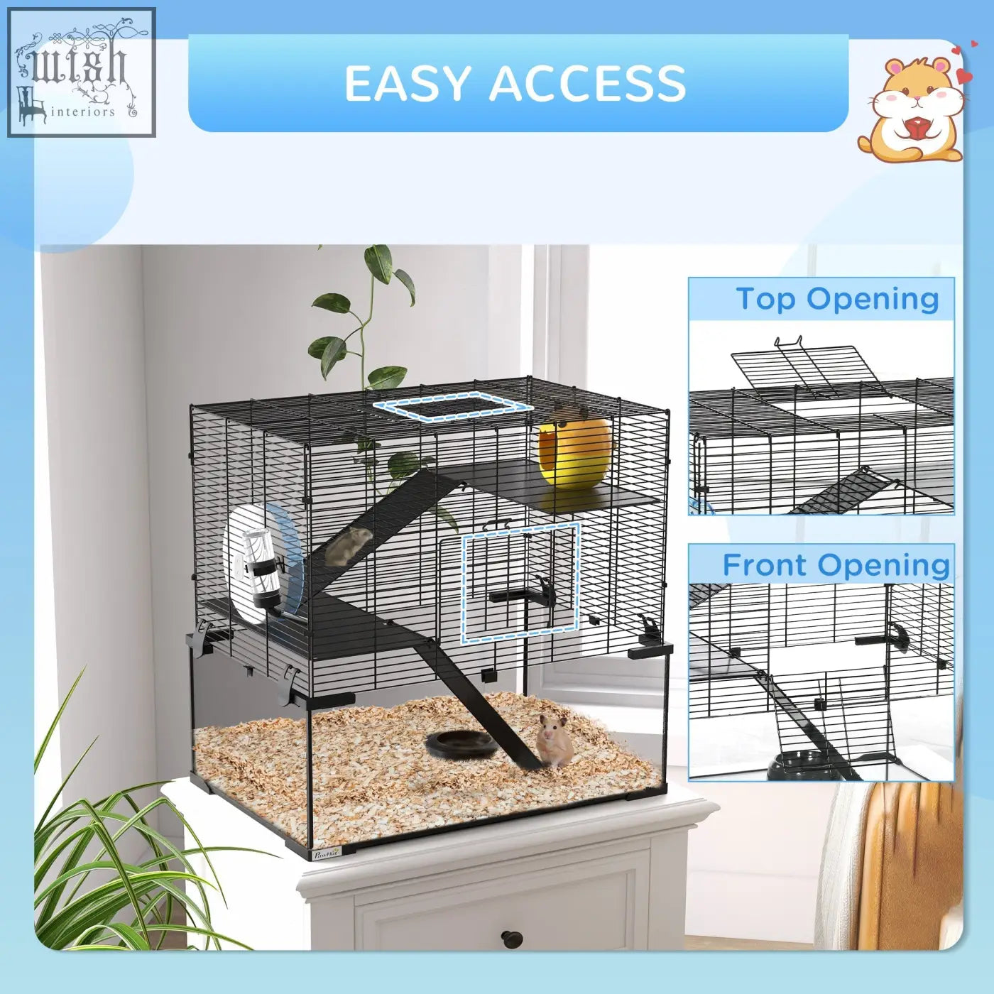 Black metal pawhut hamster cage with top and front access, ramp, wheel, platform, and water bottle for small pets
