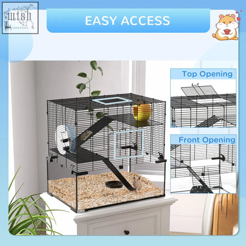 Black metal pawhut hamster cage with top and front access, ramp, wheel, platform, and water bottle for small pets