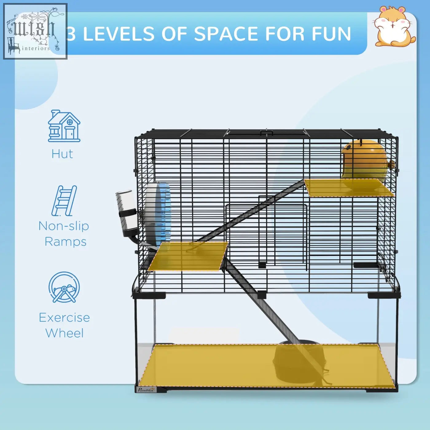 Black metal pawhut hamster cage with yellow platforms water bottle and deep glass bottom for syrian hamsters