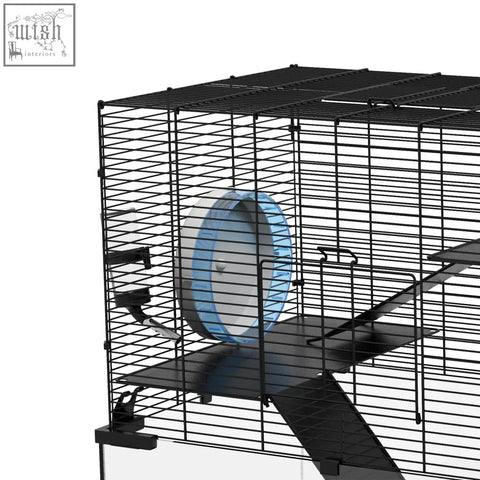 Black wire pawhut hamster cage with blue white exercise wheel and water bottle for syrian dwarf hamsters