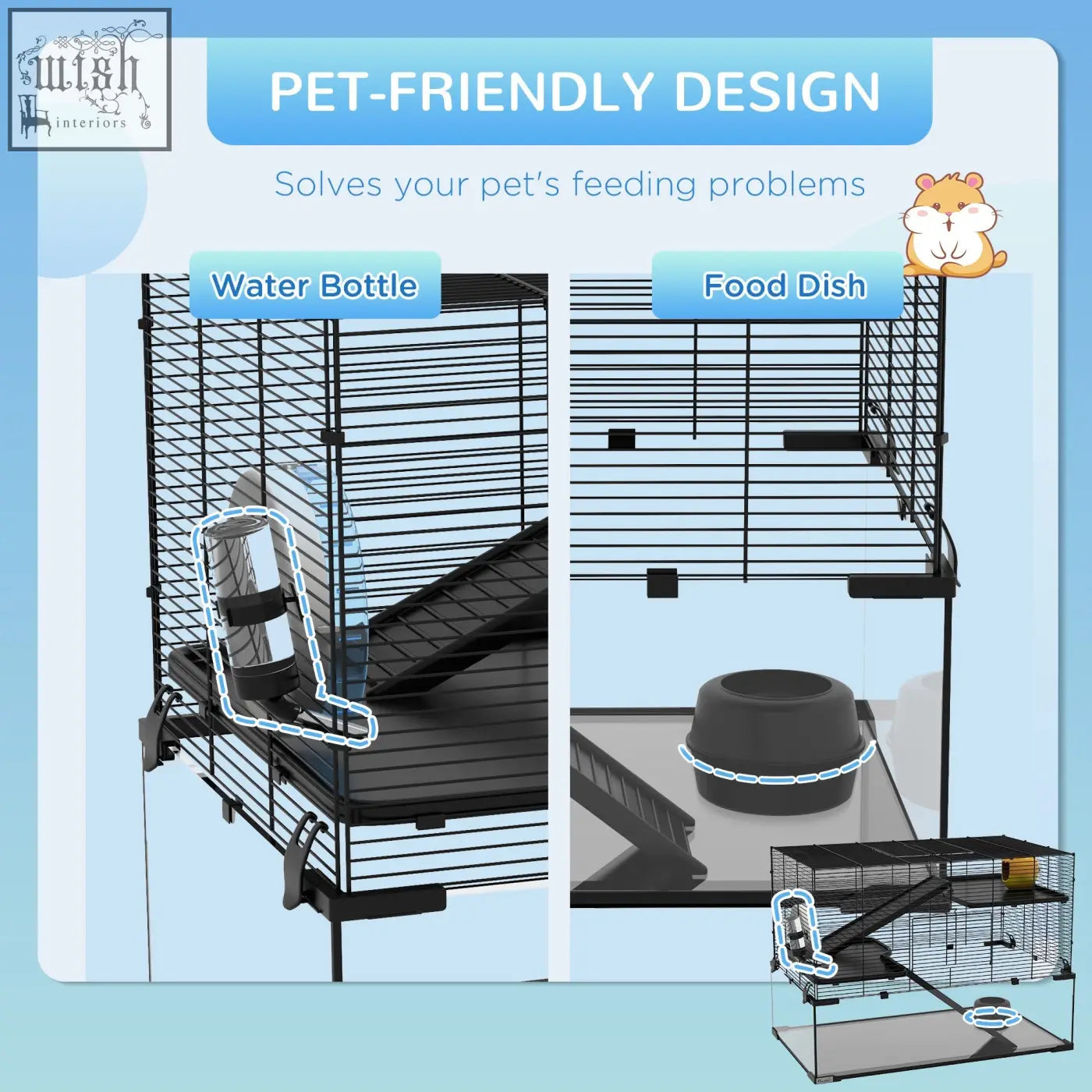 Black metal hamster cage with attached water bottle and food dish includes running wheel and deep glass bottom