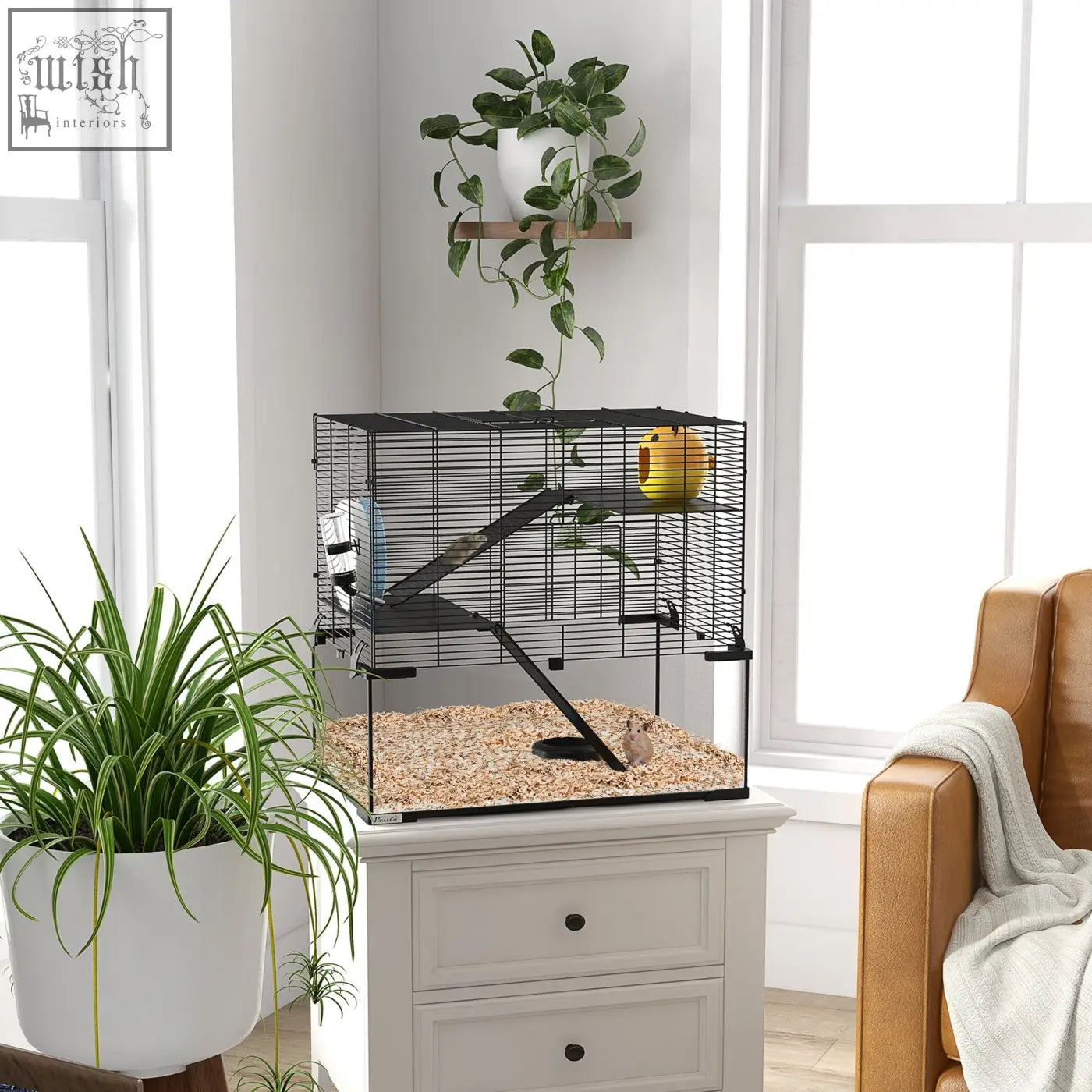 Black metal pawhut hamster cage with clear glass front, wooden platform, and water bottle for Syrian and dwarf hamsters