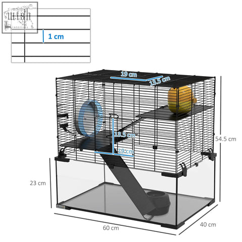 Black metal wire pawhut hamster cage with transparent glass base, blue wheel, yellow apple toy, and water bottle inside