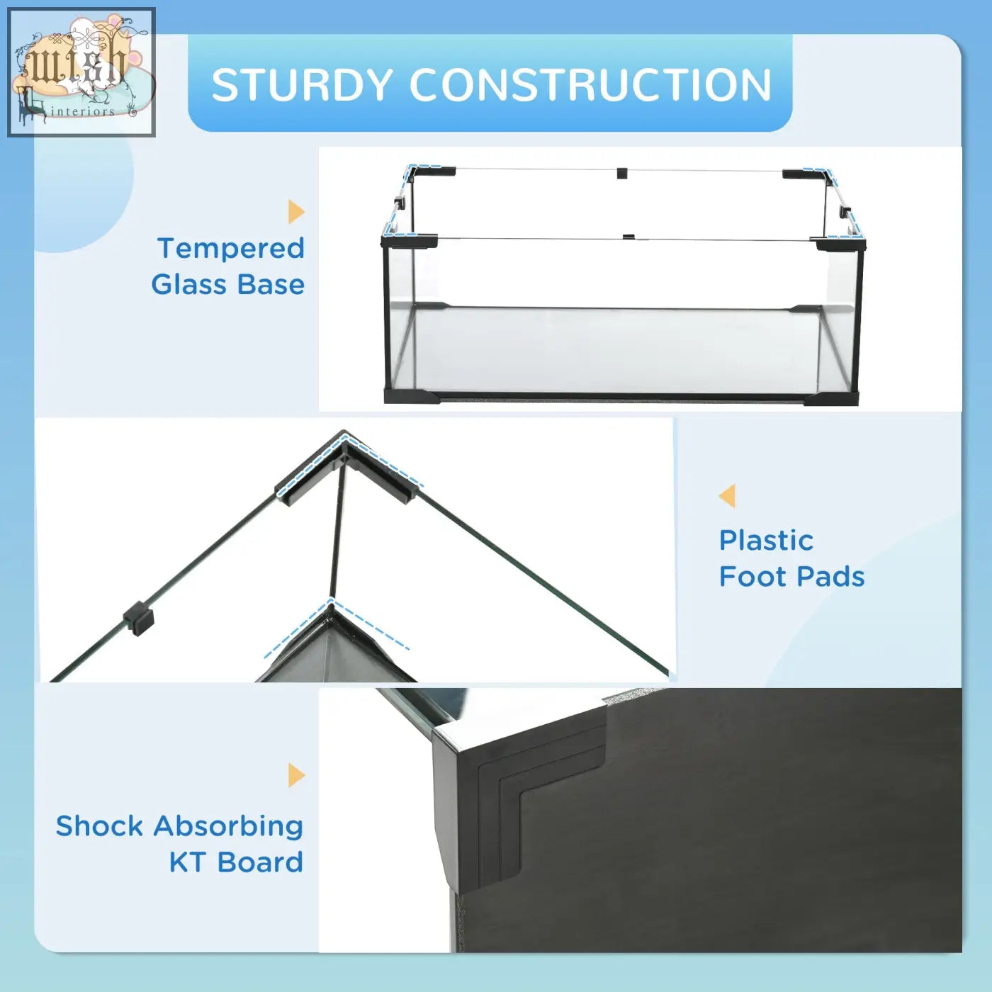 Clear tempered glass hamster cage with black foot pads and shock-absorbing base for water bottle and running wheel setup