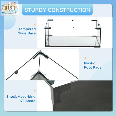 Clear tempered glass hamster cage with black foot pads and shock-absorbing base for water bottle and running wheel setup