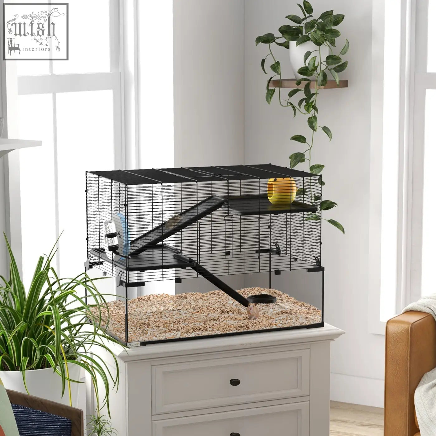 Black metal wire hamster cage with 3 tiers, ramps, platforms, running wheel, and water bottle for small pets