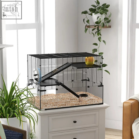 Black metal wire hamster cage with 3 tiers, ramps, platforms, running wheel, and water bottle for small pets