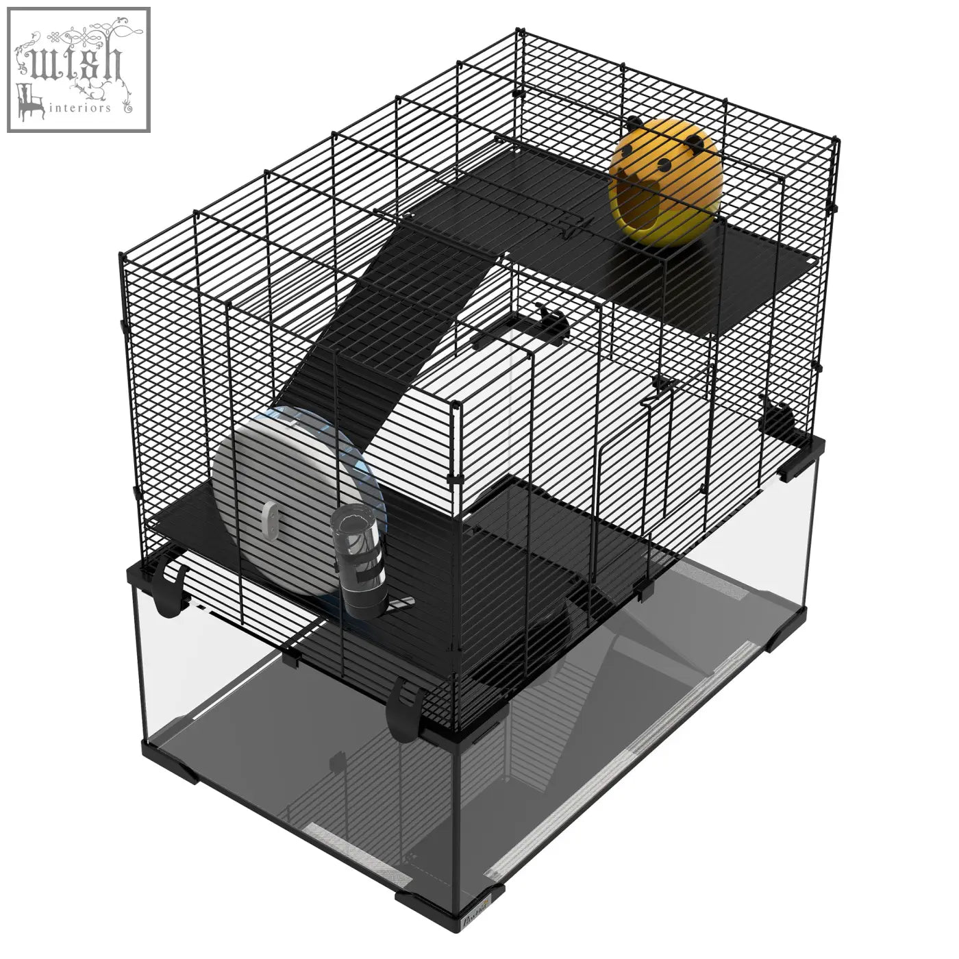 Pawhut hamster cage with black metal wire, transparent acrylic base, yellow hamster ball, and silver exercise wheel