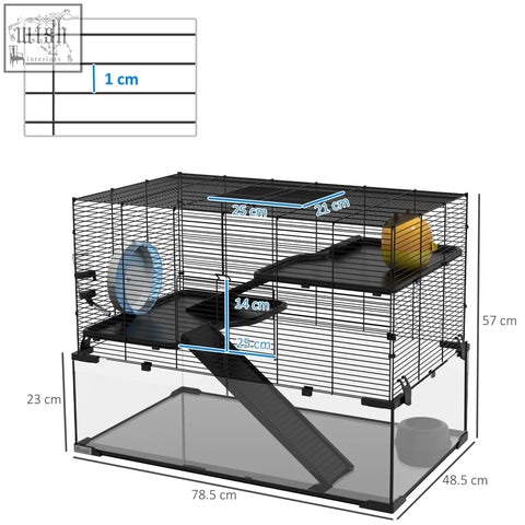 Pawhut 3 tiers hamster cage with black metal wire frame, glass base, blue running wheel, yellow ball, and ramps