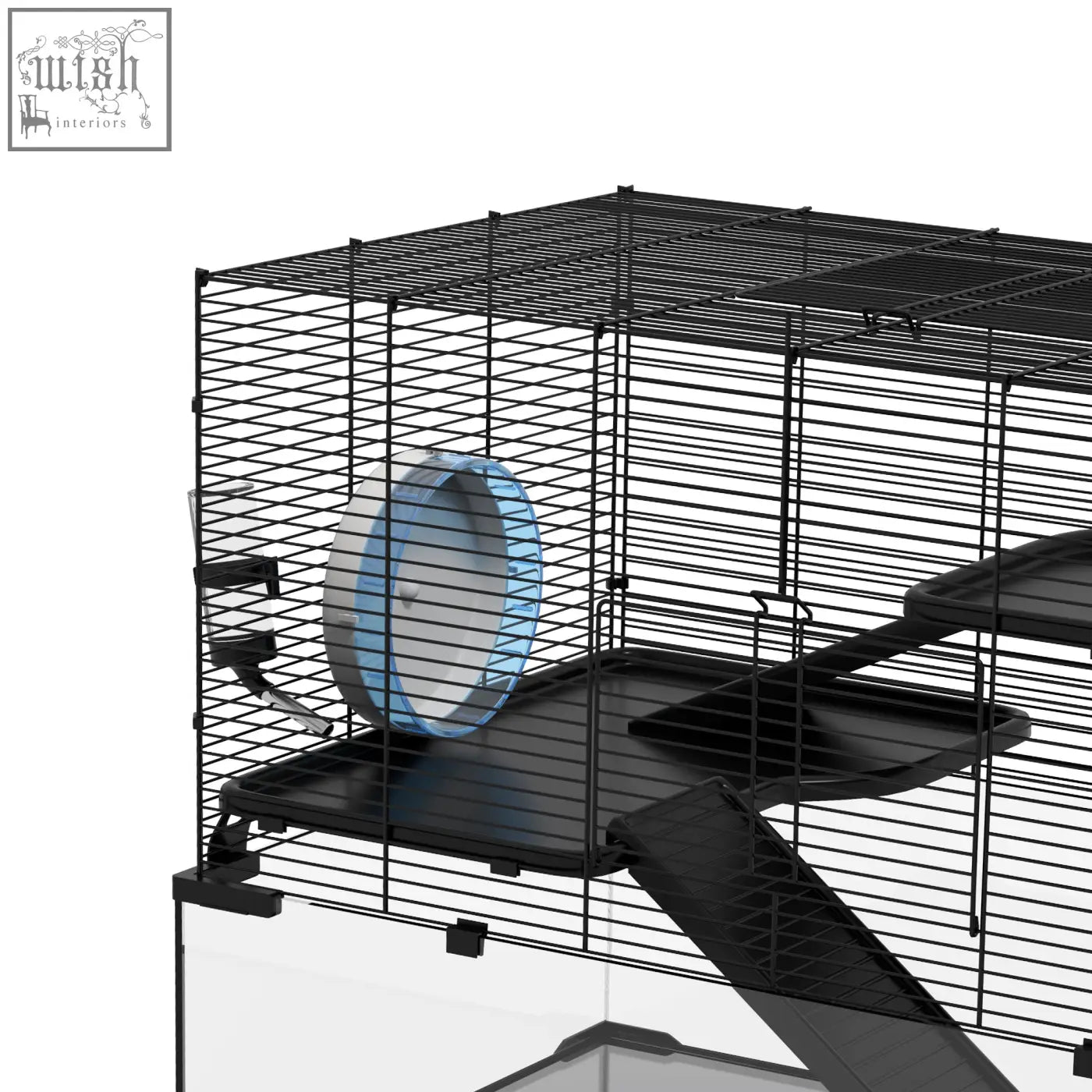 Black wire hamster cage with blue and gray running wheel inside for syria and dwarf hamsters