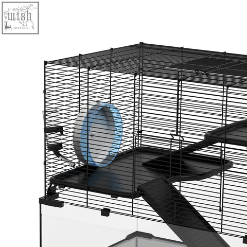 Black wire hamster cage with blue and gray running wheel inside for syria and dwarf hamsters