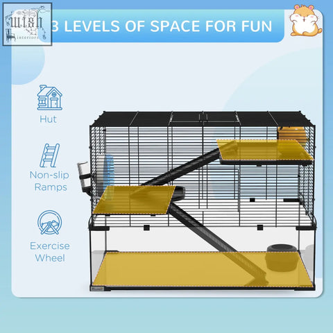 Black metal pawhut hamster cage with yellow ramps and platforms includes running wheel and water bottle for small pets