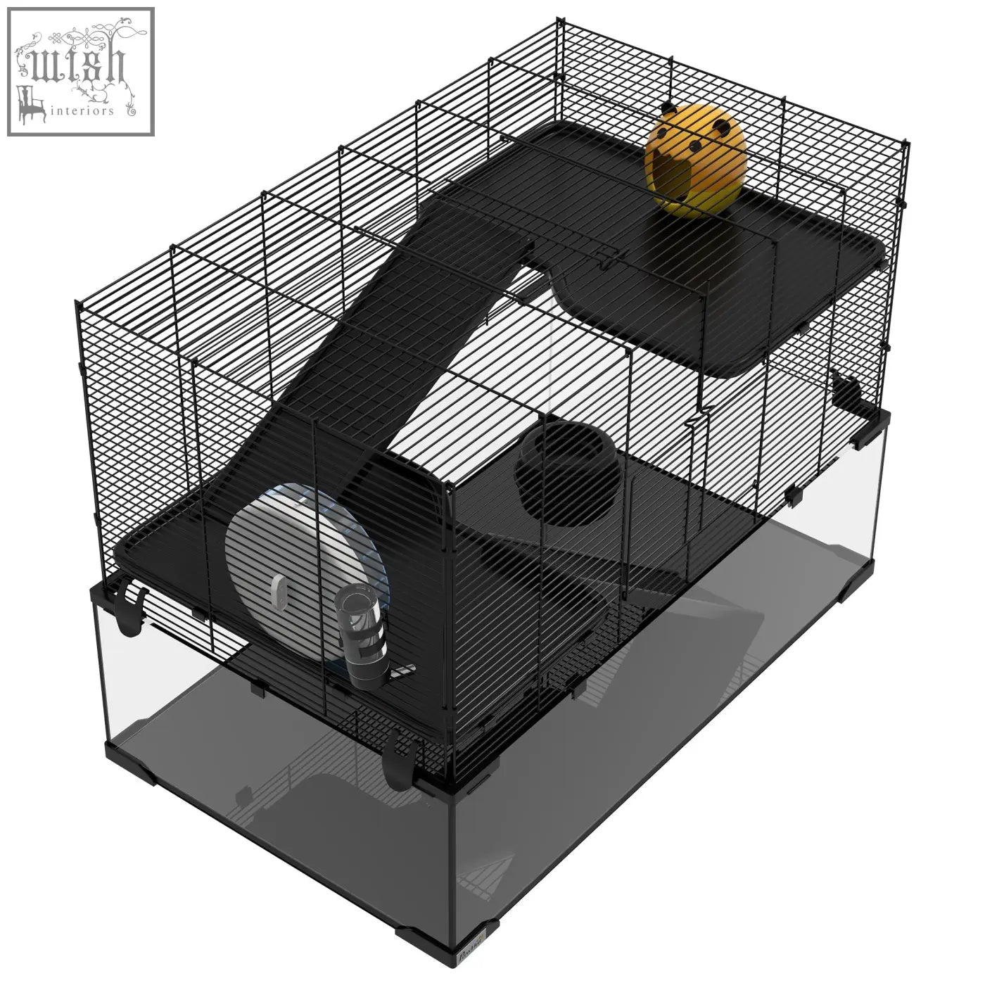 Pawhut black wire mesh hamster cage with transparent acrylic base, running wheel, water bottle, and black plastic accessories