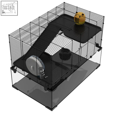 Pawhut black wire mesh hamster cage with transparent acrylic base, running wheel, water bottle, and black plastic accessories