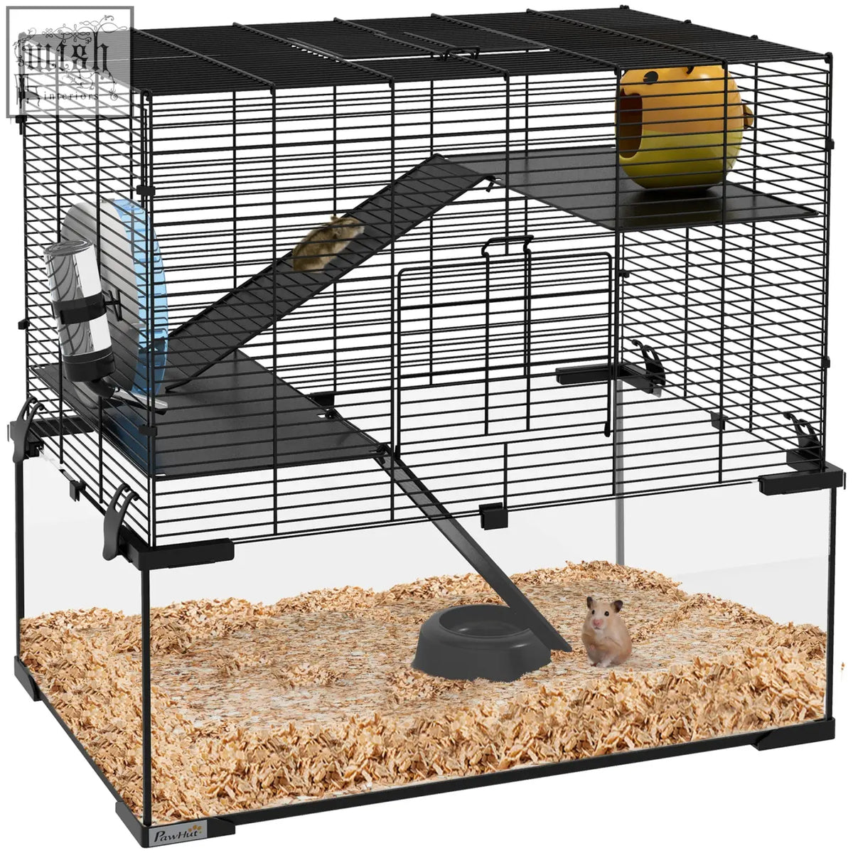 Pawhut hamster cage with black metal wire, glass bottom, yellow hideout, and blue water bottle for hamsters