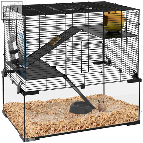 Pawhut hamster cage with black metal wire, glass bottom, yellow hideout, and blue water bottle for hamsters