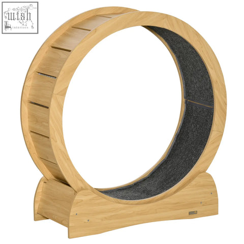 Pawhut 30 inch wooden cat running wheel with brake in natural wood finish and dark gray textured scratching surface