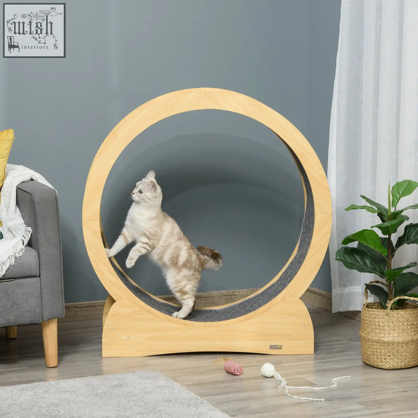 Pawhut 30 wooden cat running wheel with brake in natural wood finish and gray textured scratcher surface