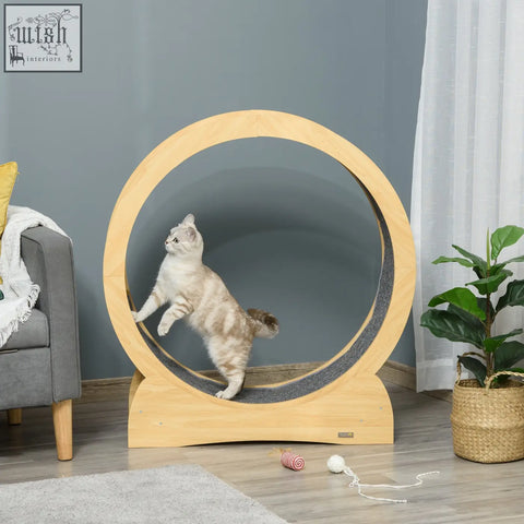Pawhut 30 wooden cat running wheel with brake in natural wood finish and gray textured scratcher surface