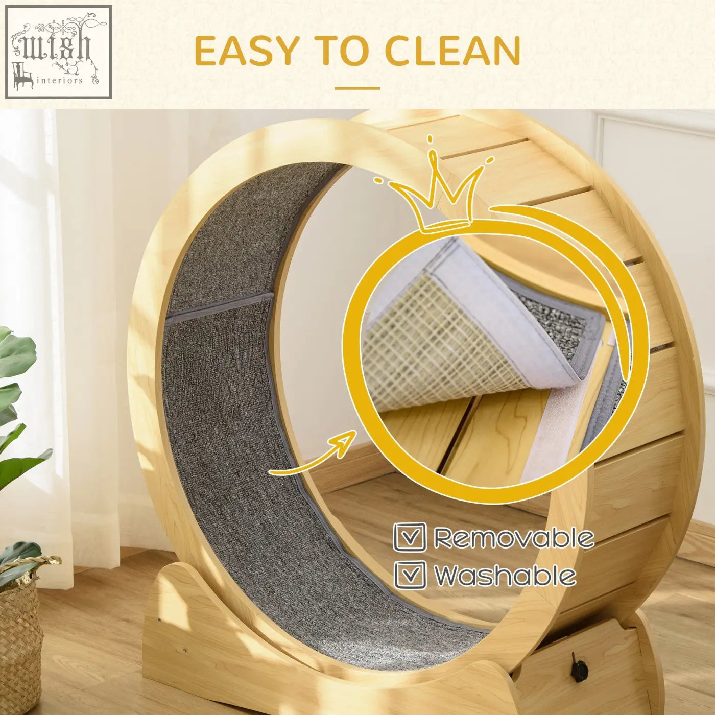 Pawhut 30 inch wooden cat running wheel with natural wood finish and dark gray fabric surface with removable lining