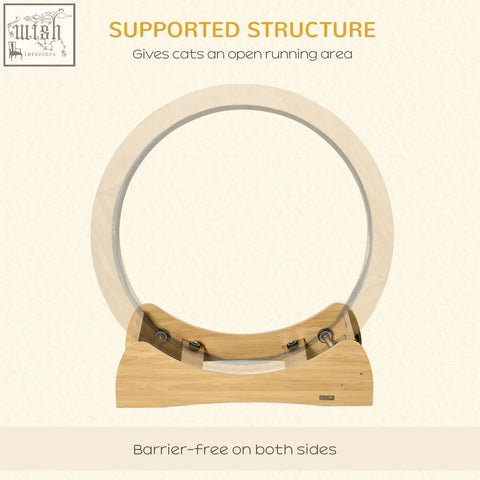 PawHut 30 inch wooden cat running wheel with brake in natural wood finish and sturdy rounded base for safe play
