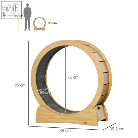 Pawhut 30 inch cat running wheel with natural wood finish and dark gray textured inner surface for exercise