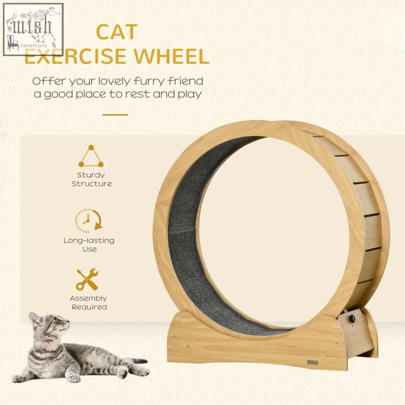 Pawhut 30 inch wooden cat running wheel with natural wood finish and dark gray textured inner surface for scratching