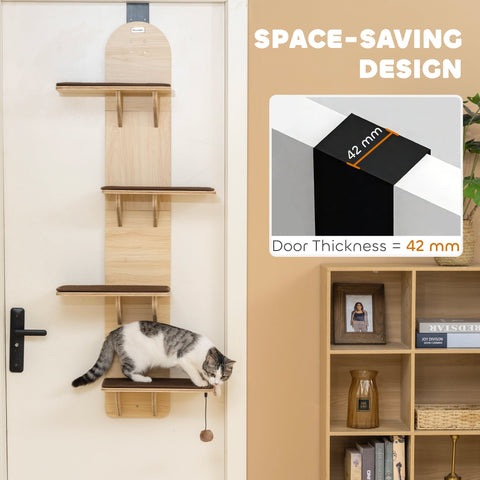 Light wood pawhut mounted cat tree with four shelves, hanging toy, and washable plush mats for indoor cats