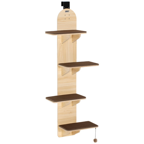 Light wood pawhut 4 level mounted cat tree with brown shelves, washable plush mats, and dangling toy ball for indoor cats