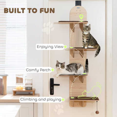 Light wood pawhut 4-level mounted cat tree with washable plush mats and hanging toy for indoor cats cat shelf