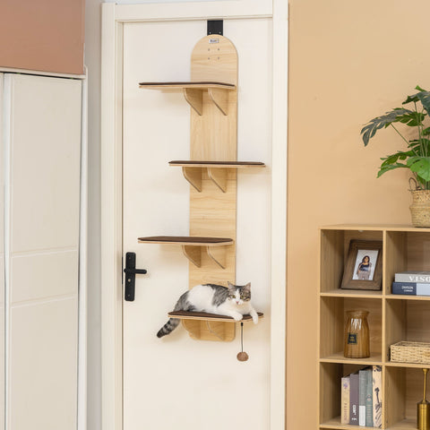 Light wood finish mounted cat tree with four shelves washable plush mats and hanging toy for indoor cats