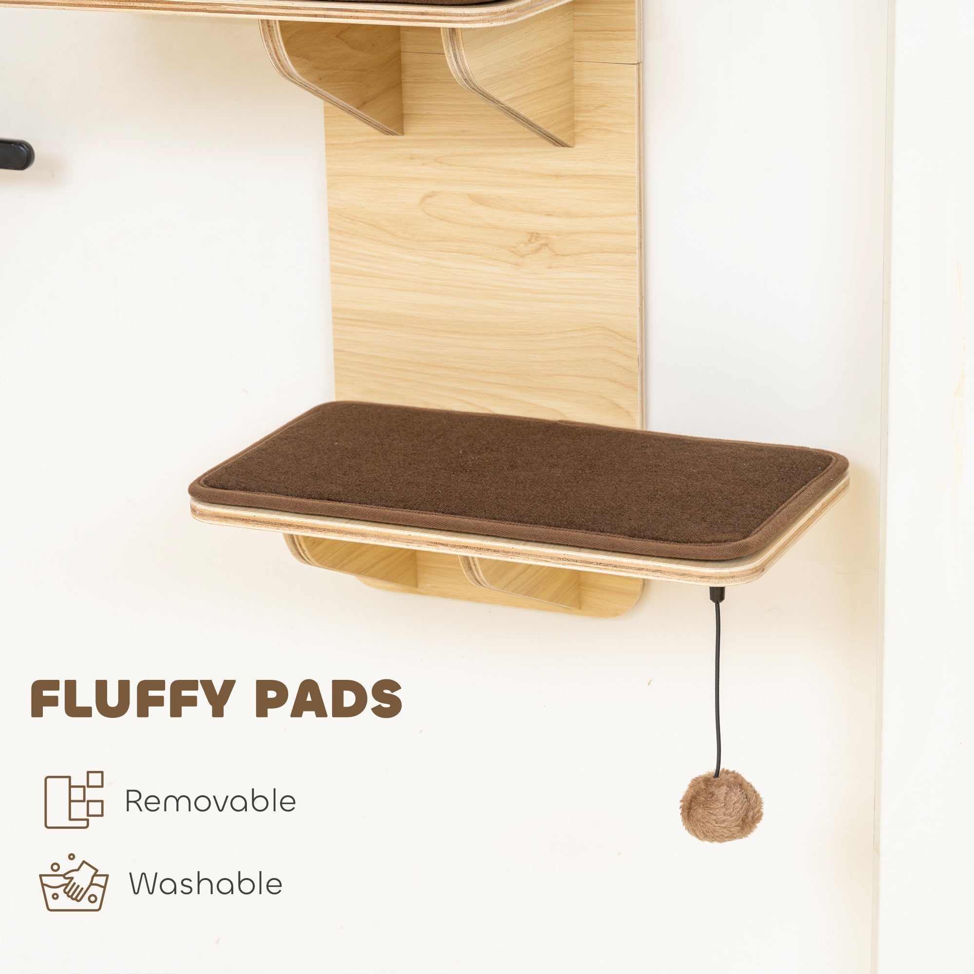 Brown fluffy cat on a pawhut 4-level door mounted cat tree with washable plush mats and hanging sisal ball toy shelf