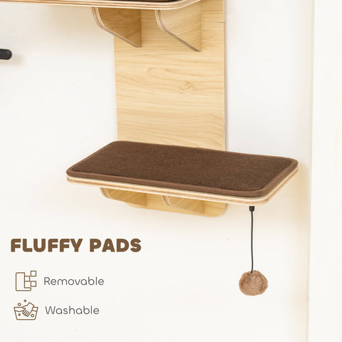 Brown fluffy cat on a pawhut 4-level door mounted cat tree with washable plush mats and hanging sisal ball toy shelf