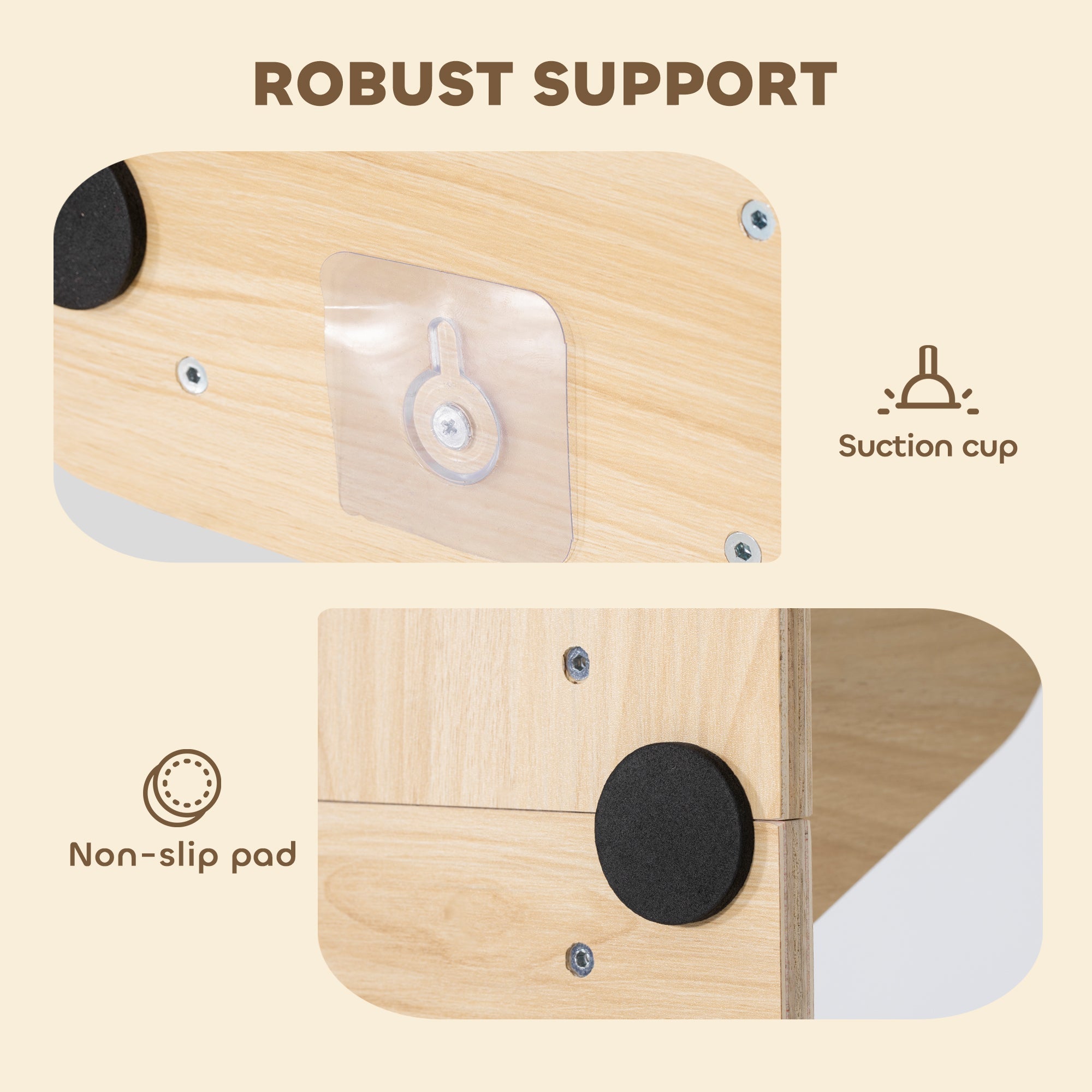 Light wooden cat shelf with clear suction cup and black non-slip pad for secure mounting in pawhut mounted cat tree with washable plush mats