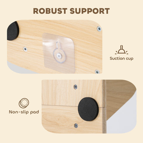 Light wooden cat shelf with clear suction cup and black non-slip pad for secure mounting in pawhut mounted cat tree with washable plush mats