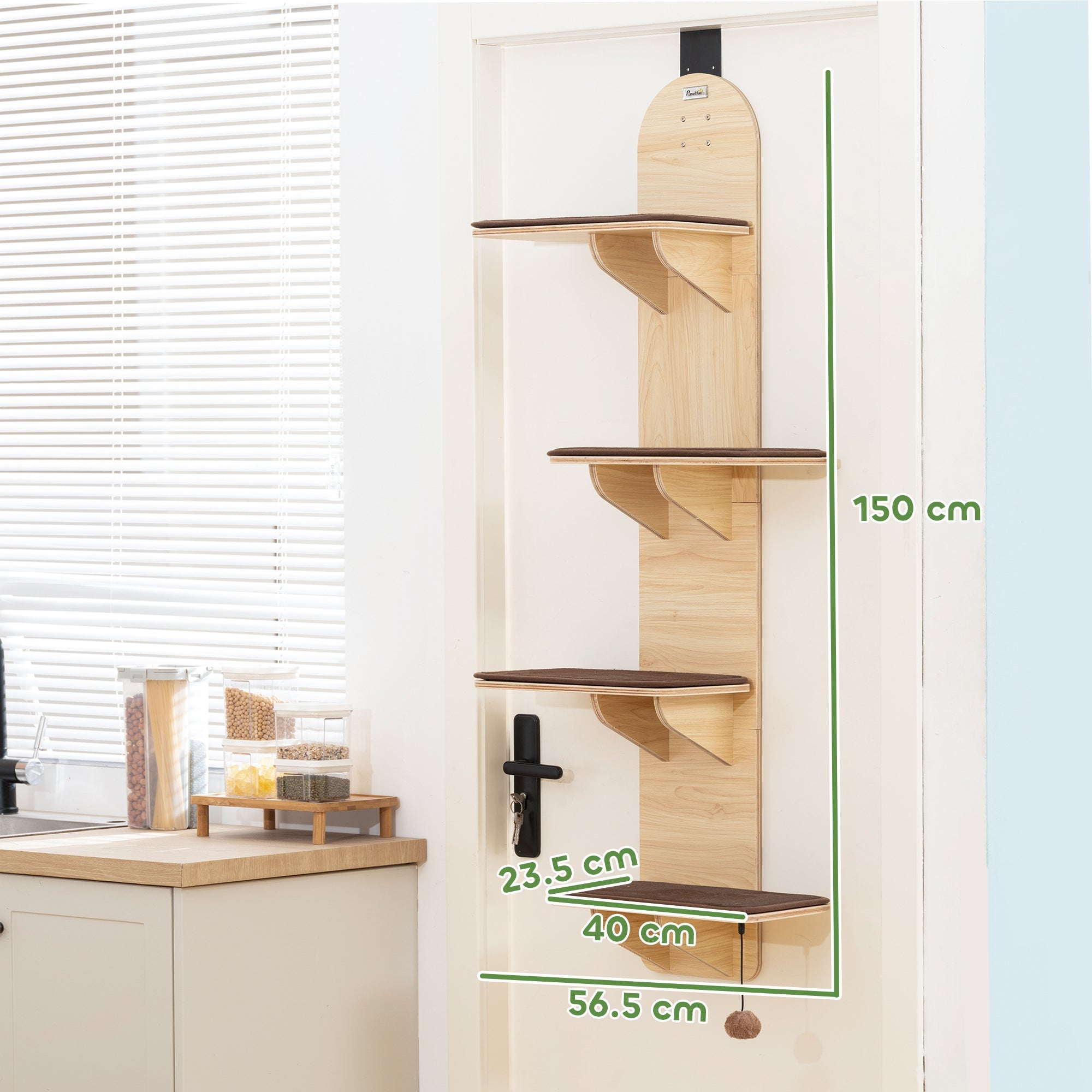 Pawhut light wood mounted cat tree with four shelves featuring washable plush mats for space-saving cat shelf use