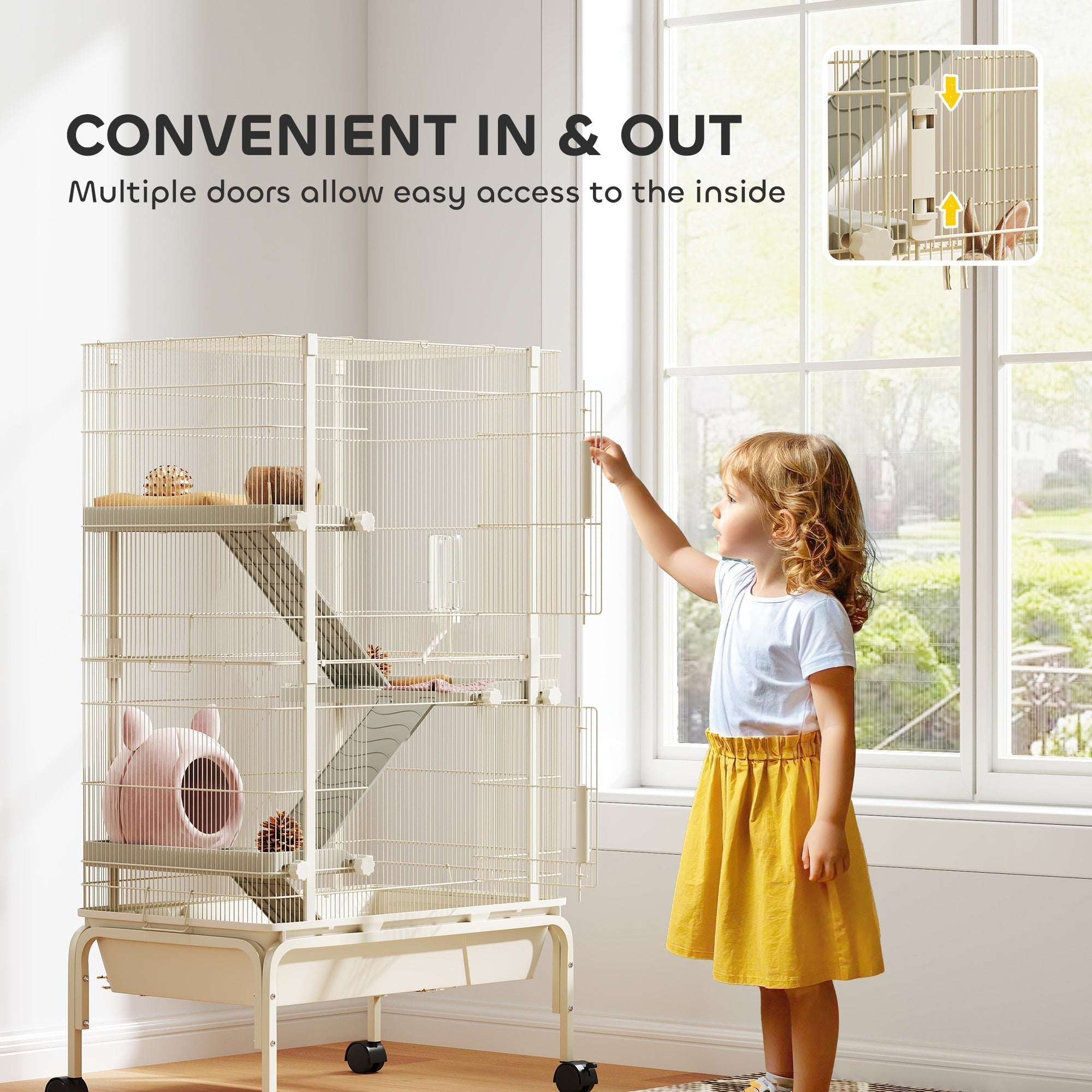 Beige metal pawhut small animal cage with 4 levels, ramps, food dish, water bottle, and 69l x 44w size