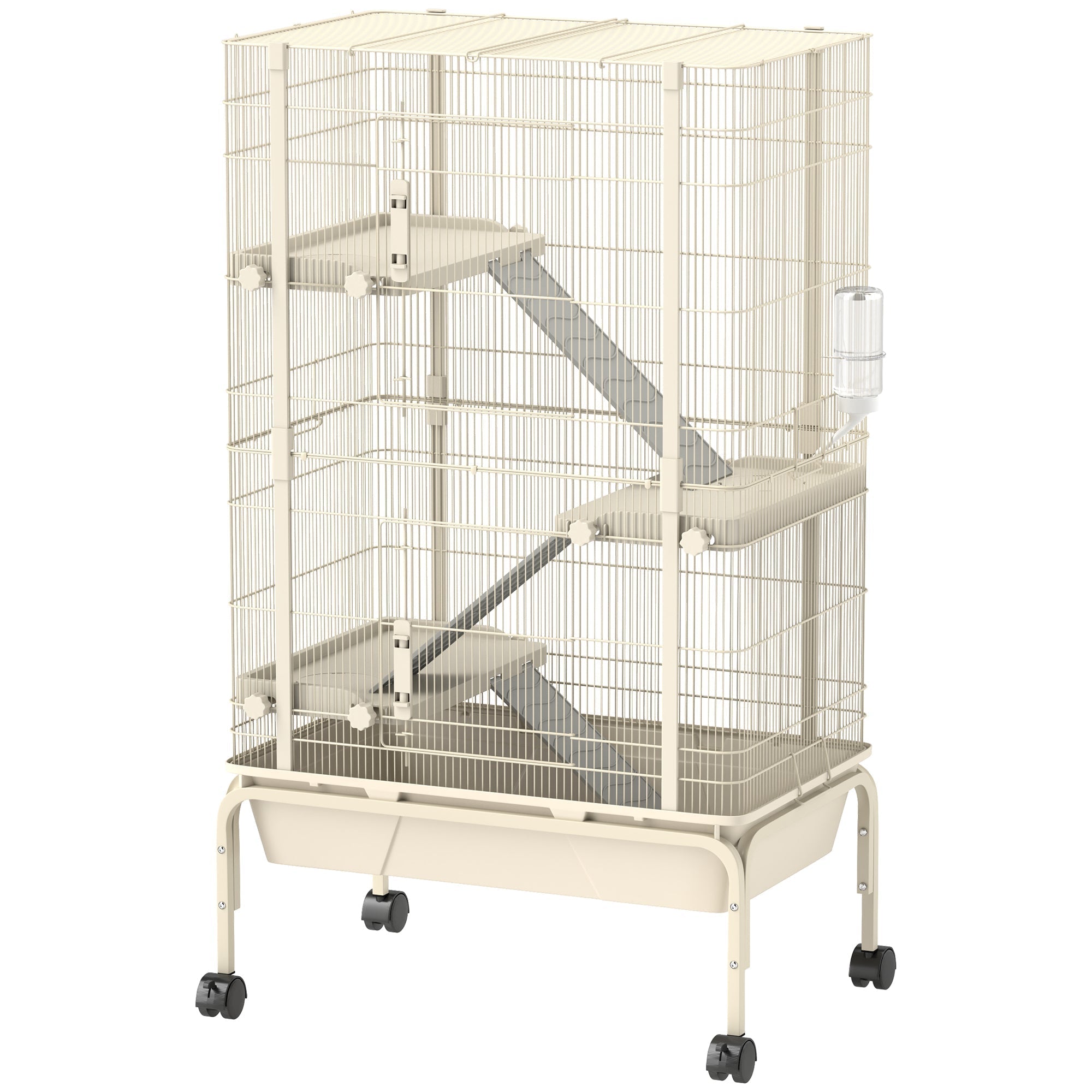 Beige pawhut 4 levels rolling small animal cage with wire mesh, 3 ramps, food dish, water bottle, and 15cm tray 69l x 44w