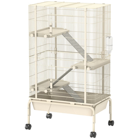 Beige pawhut 4 levels rolling small animal cage with wire mesh, 3 ramps, food dish, water bottle, and 15cm tray 69l x 44w