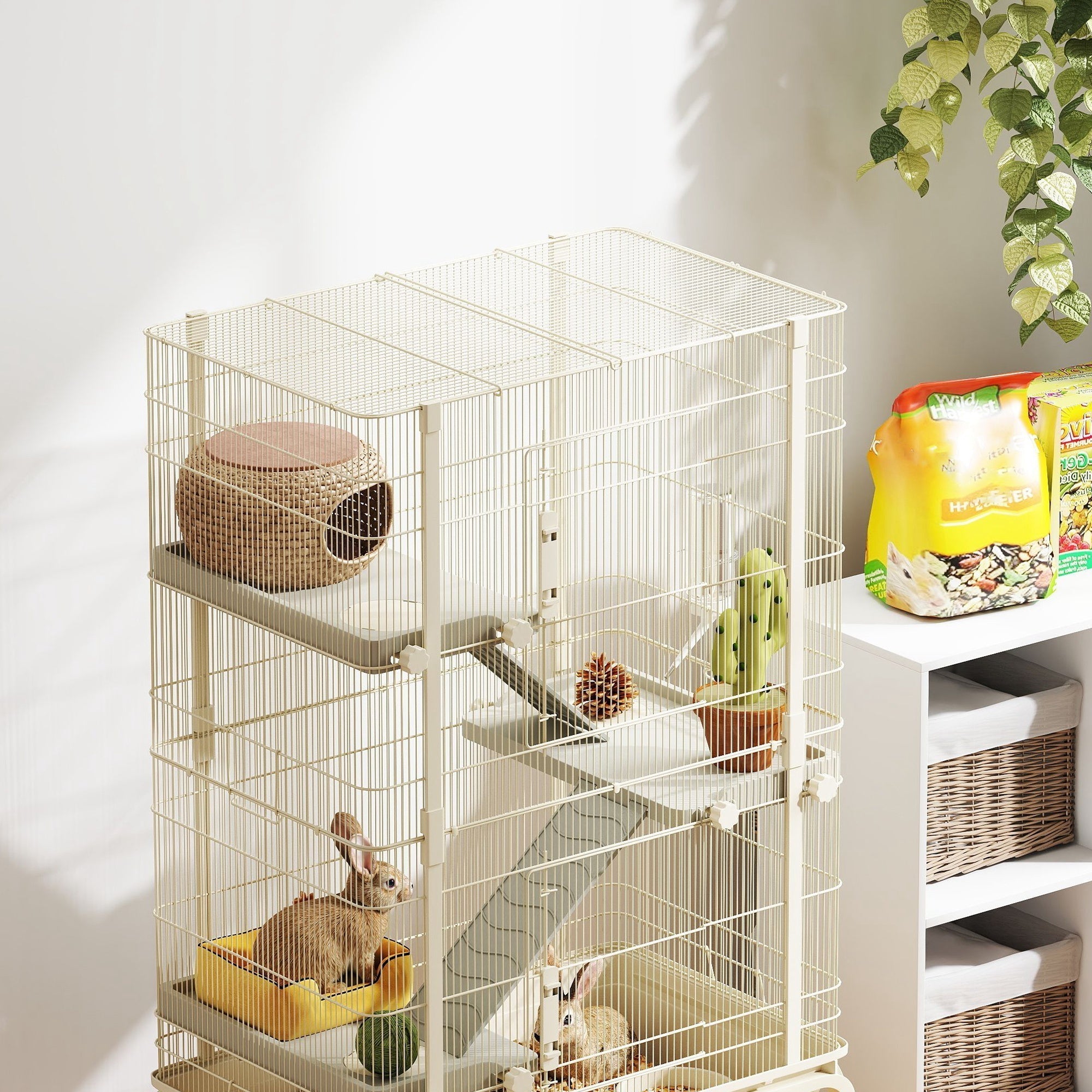 Beige multi-level pawhut rabbit cage with woven hideout ramps food dish water bottle 69l x 44w small animal cage