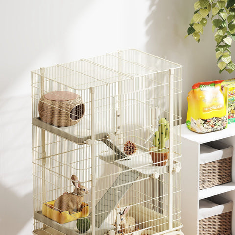 Beige multi-level pawhut rabbit cage with woven hideout ramps food dish water bottle 69l x 44w small animal cage