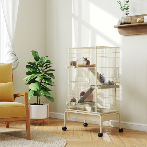 Cream-colored metal multi-level pawhut small animal cage with wheels wooden platforms food dish water bottle 69l x 44w