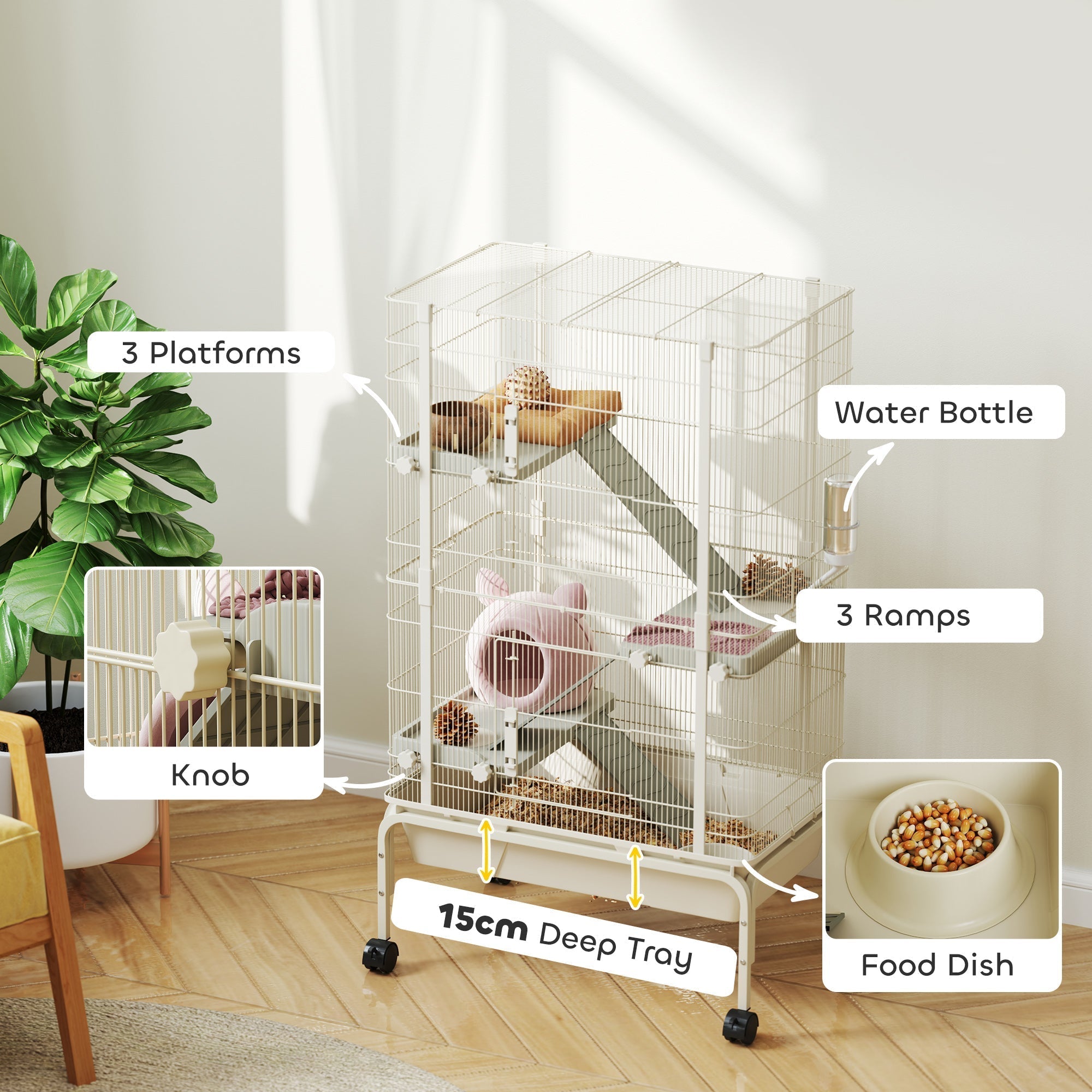 White metal pawhut small animal cage with 4 levels ramps water bottle food dish and 15cm deep tray 69l x 44w