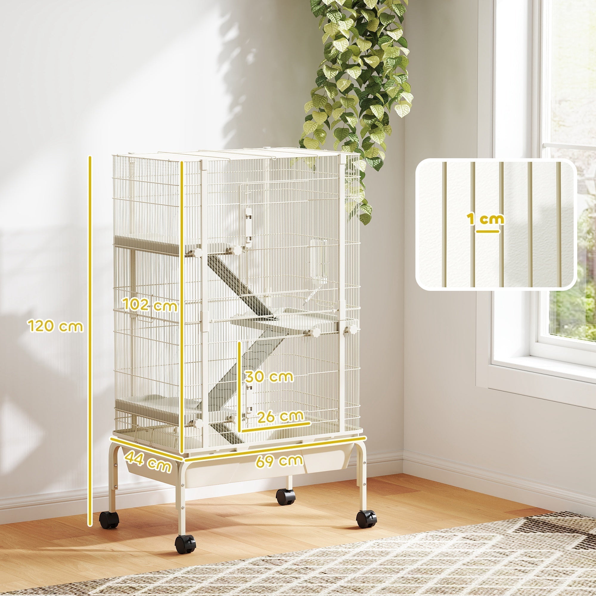 White metal pawhut small animal cage with 4 levels, ramps, food dish, water bottle, 69l x 44w, beige with wheels