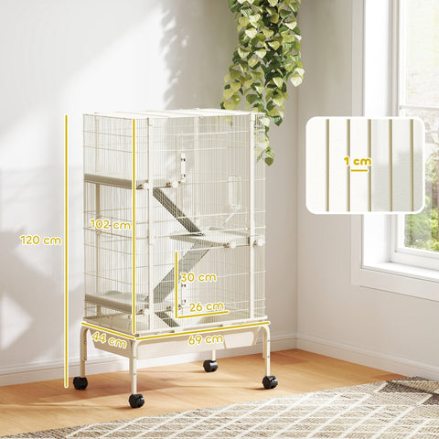 White metal pawhut small animal cage with 4 levels, ramps, food dish, water bottle, 69l x 44w, beige with wheels