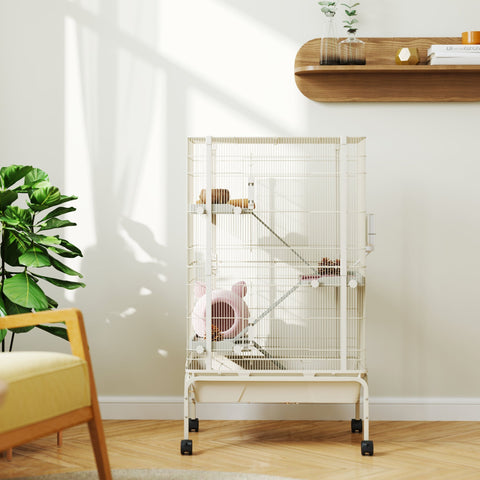 White metal pawhut 4 level small animal cage with pink hideout, food dish, water bottle, and 69l x 44w size