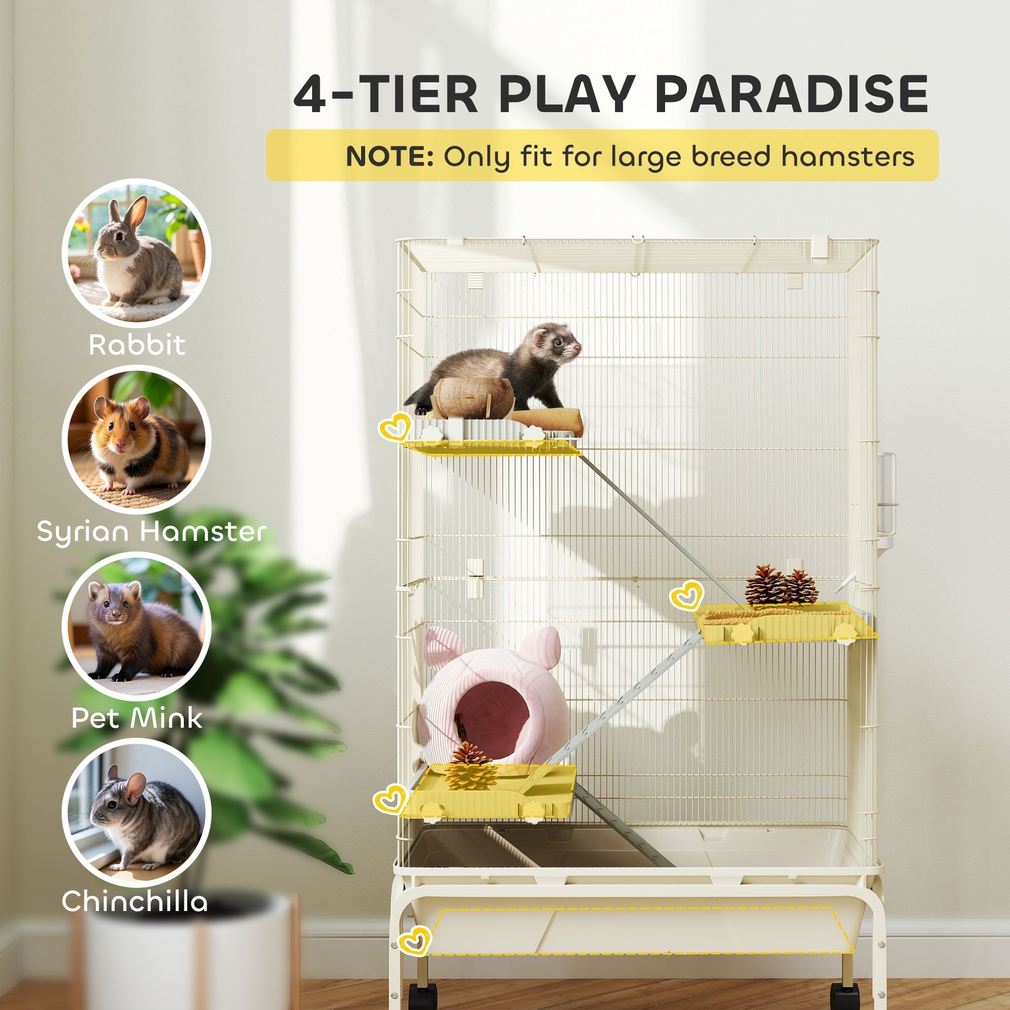 Pawhut 4 levels rolling small animal cage with 3 ramps beige with food dish water bottle 69l x 44w for large hamsters