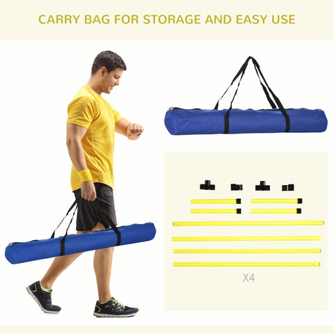 Blue cylindrical carry bag with black straps for storing yellow free standing dog agility training bars